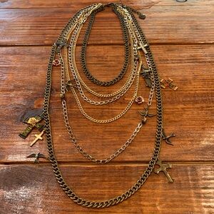 Rare Vintage Y2K Betsey Johnson Rocker Chic Multi-Strand Cross Charm Necklace